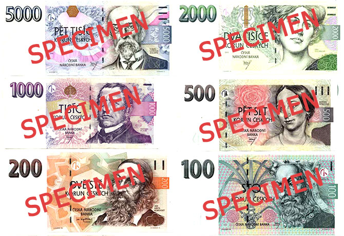 Currently valid Czech banknotes